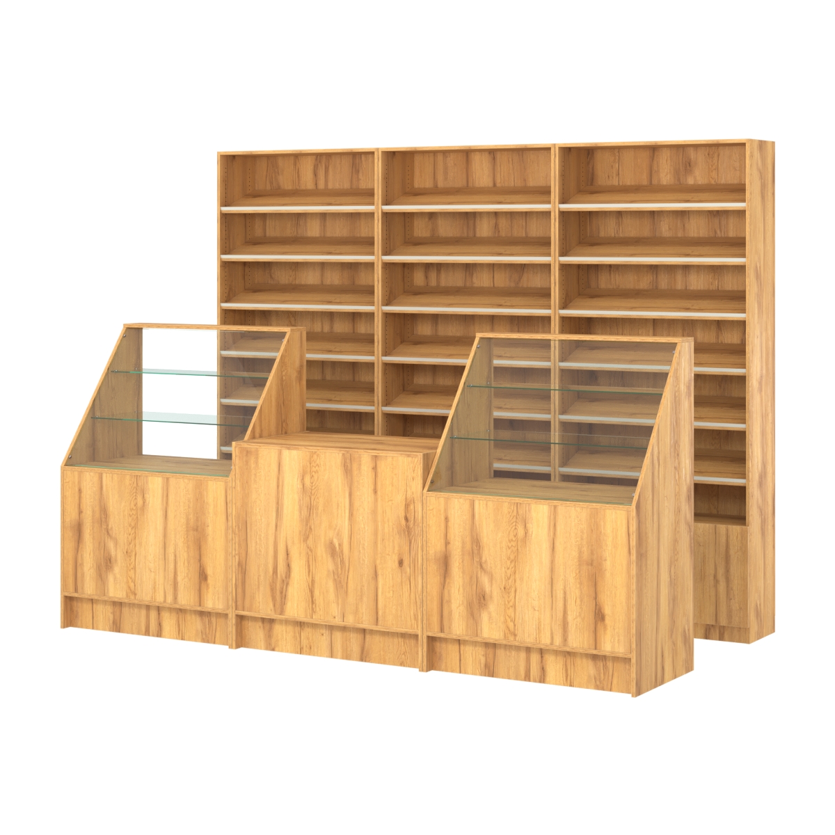 Комплект стеллажей с наклонными полками ДСП TI-6 №12 и прилавков ЭК-07 Дуб Золотистый