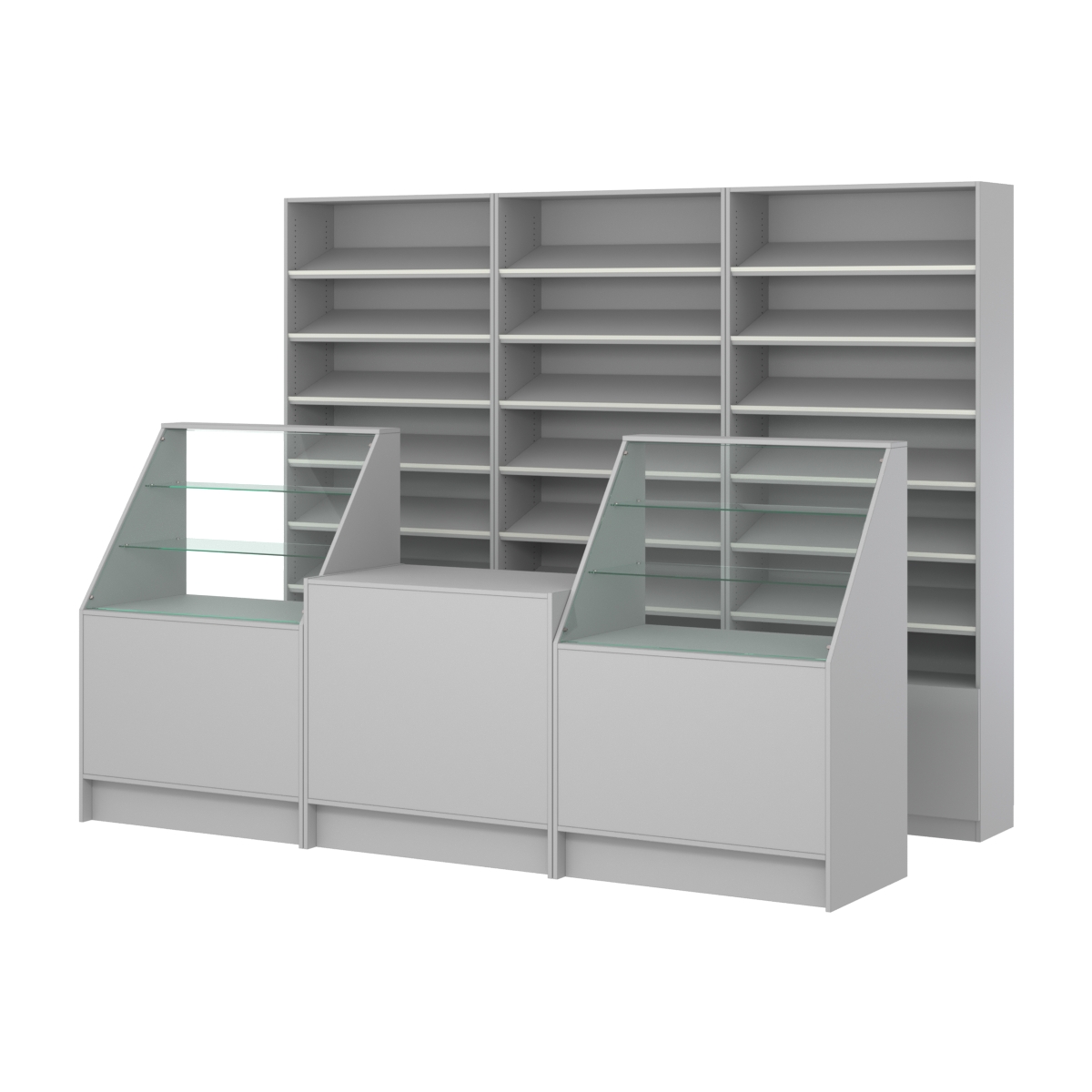 Комплект стеллажей с наклонными полками ДСП TI-6 №12 и прилавков ЭК-07 Серый