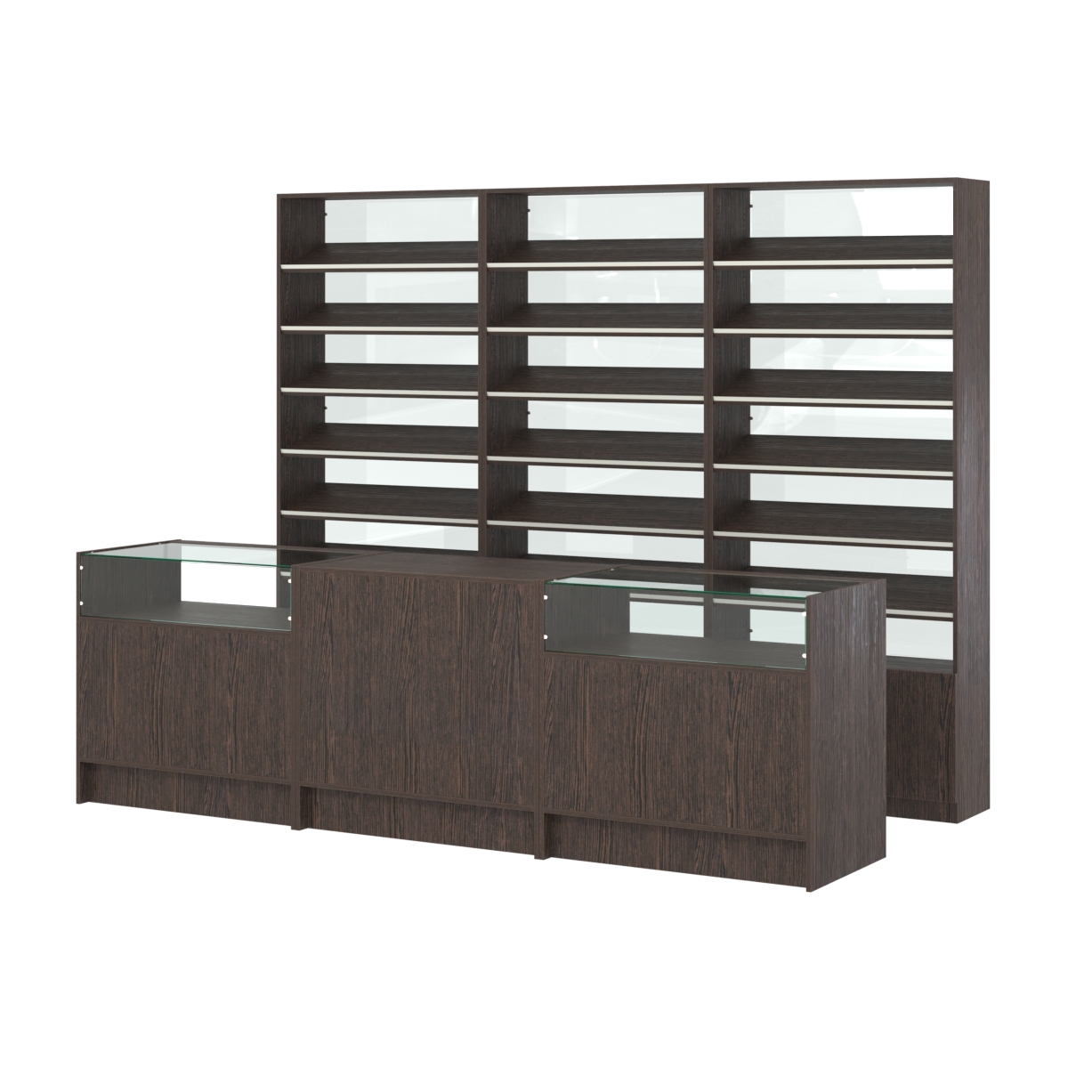 Комплект стеллажей с наклонными полками ДСП TI-6 №12-1 и прилавков ЭК-02 Дуб Венге