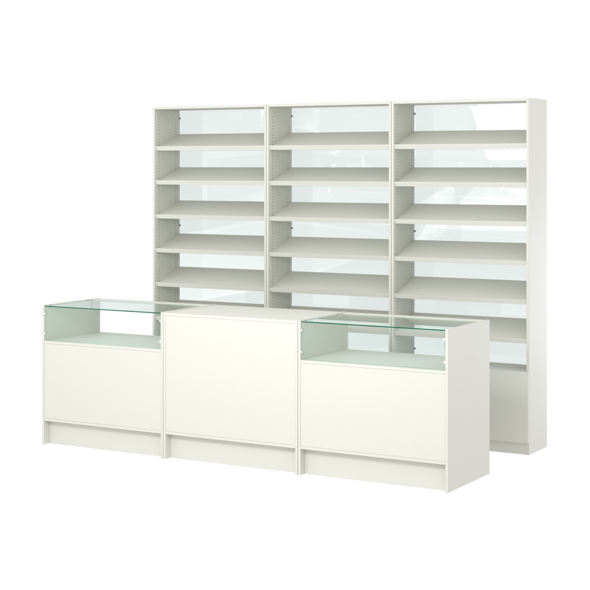 Комплект стеллажей с наклонными полками ДСП TI-6 №12-1 и прилавков ЭК-02 Белый