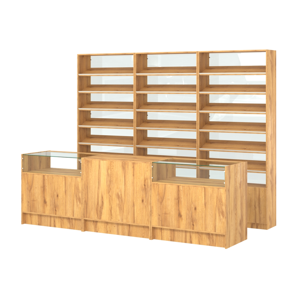 Комплект стеллажей с наклонными полками ДСП TI-6 №12-1 и прилавков ЭК-02 Дуб Золотистый