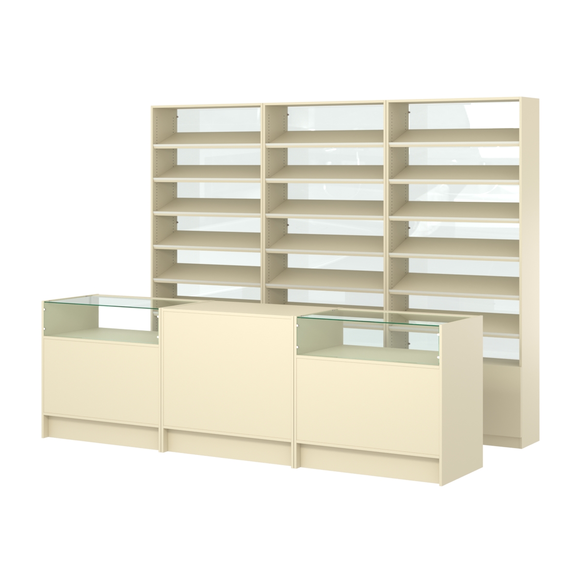 Комплект стеллажей с наклонными полками ДСП TI-6 №12-1 и прилавков ЭК-02 Крем Вайс