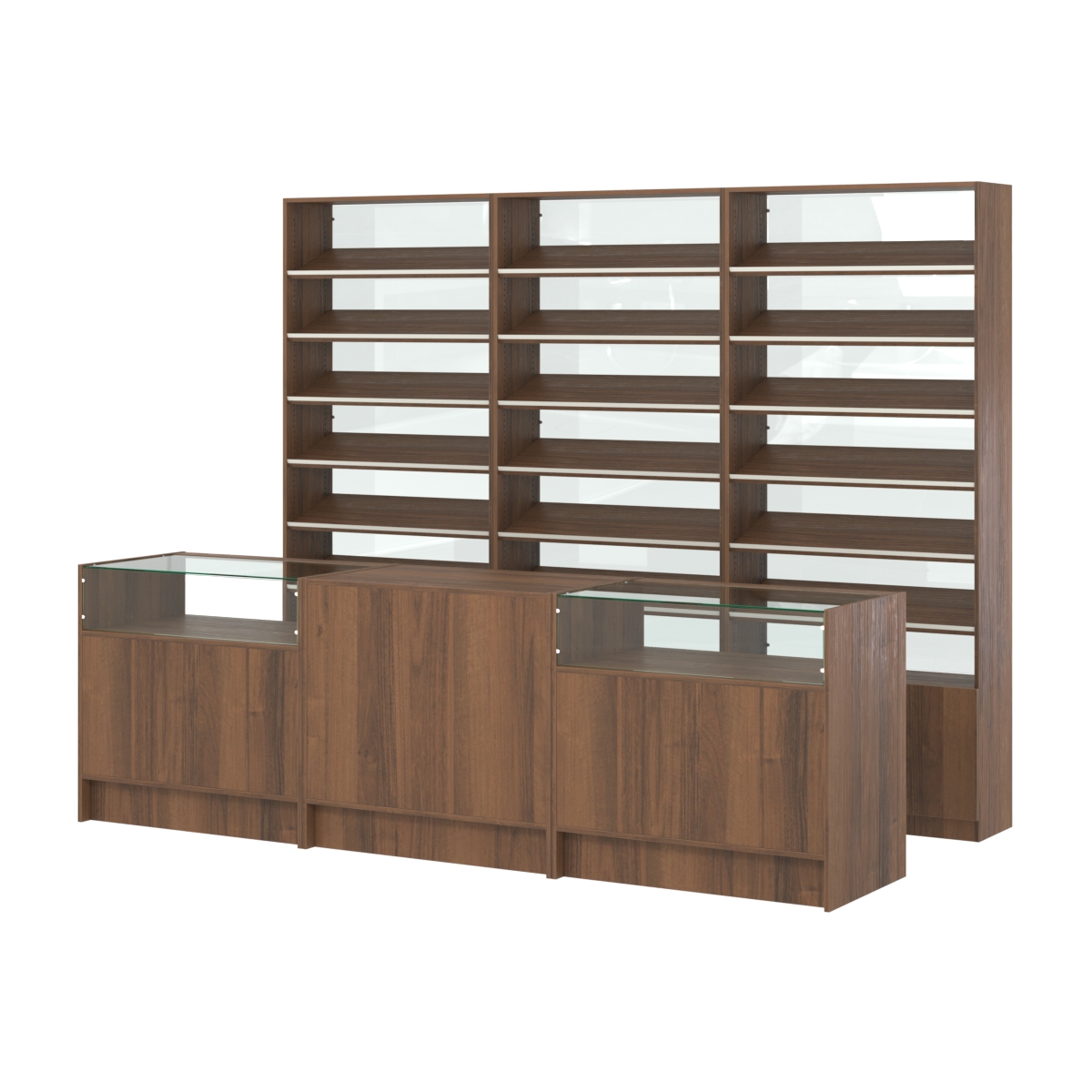 Комплект стеллажей с наклонными полками ДСП TI-6 №12-1 и прилавков ЭК-02 Орех