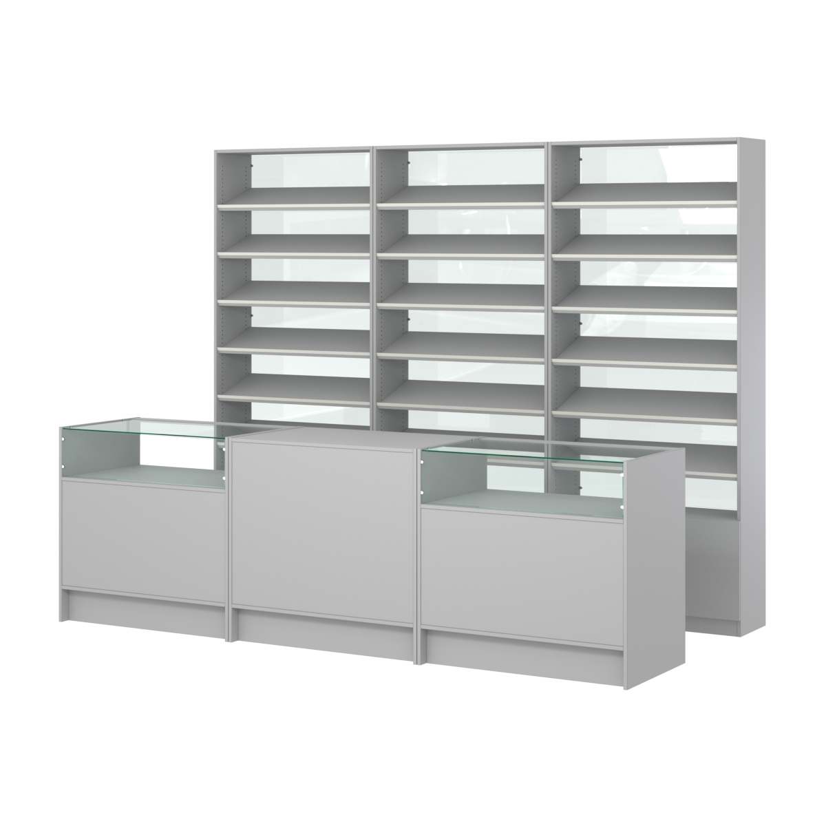 Комплект стеллажей с наклонными полками ДСП TI-6 №12-1 и прилавков ЭК-02 Серый