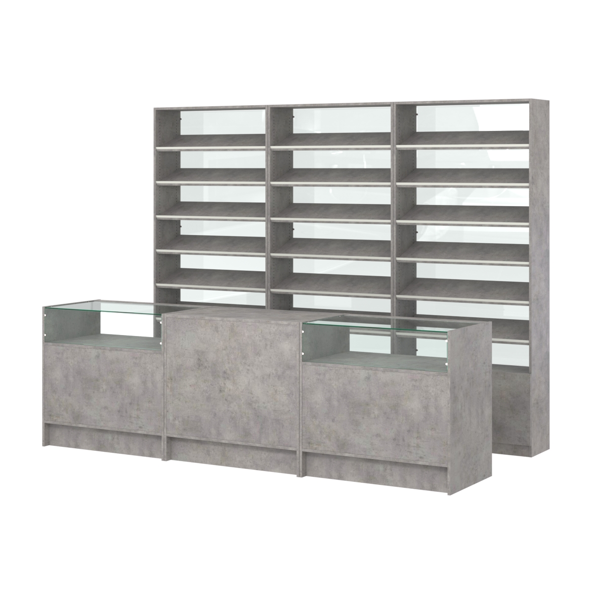 Комплект стеллажей с наклонными полками ДСП TI-6 №12-1 и прилавков ЭК-02 Бетон Чикаго светло-серый F186 ST9