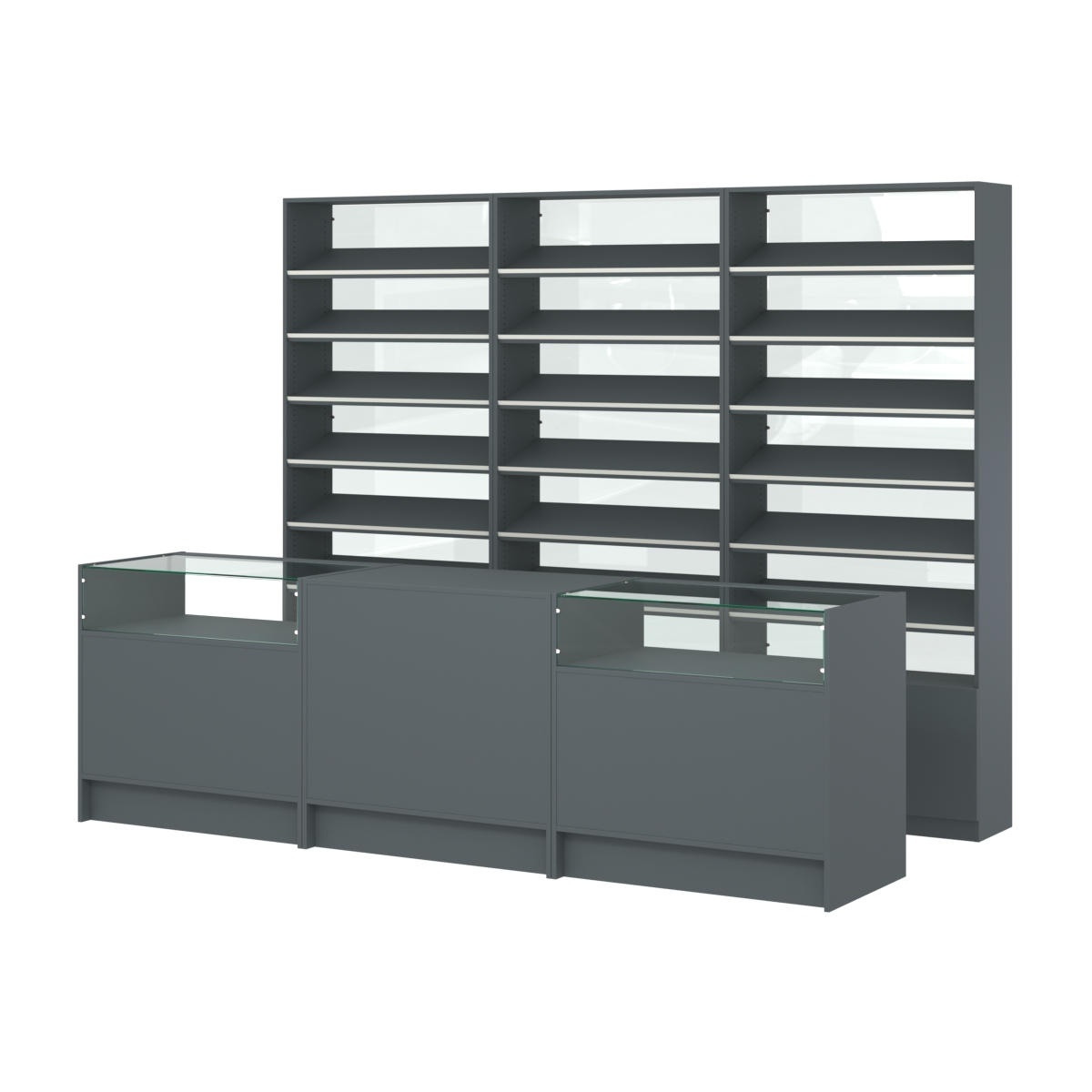 Комплект стеллажей с наклонными полками ДСП TI-6 №12-1 и прилавков ЭК-02 Темно-Серый