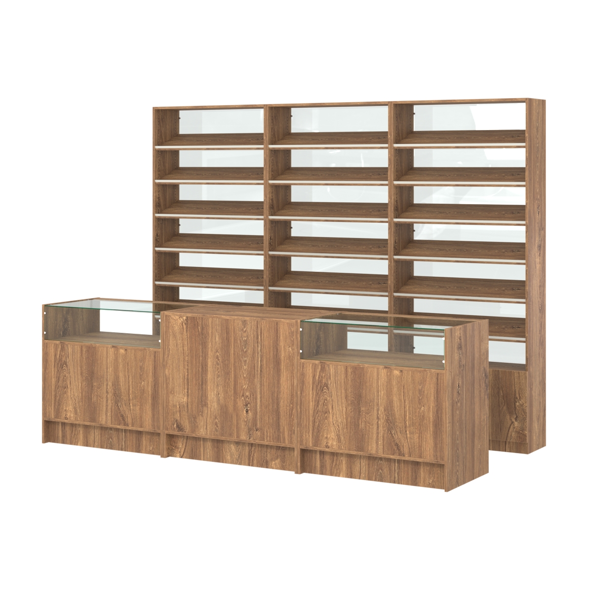 Комплект стеллажей с наклонными полками ДСП TI-6 №12-1 и прилавков ЭК-02 Дуб Канзас коричневый