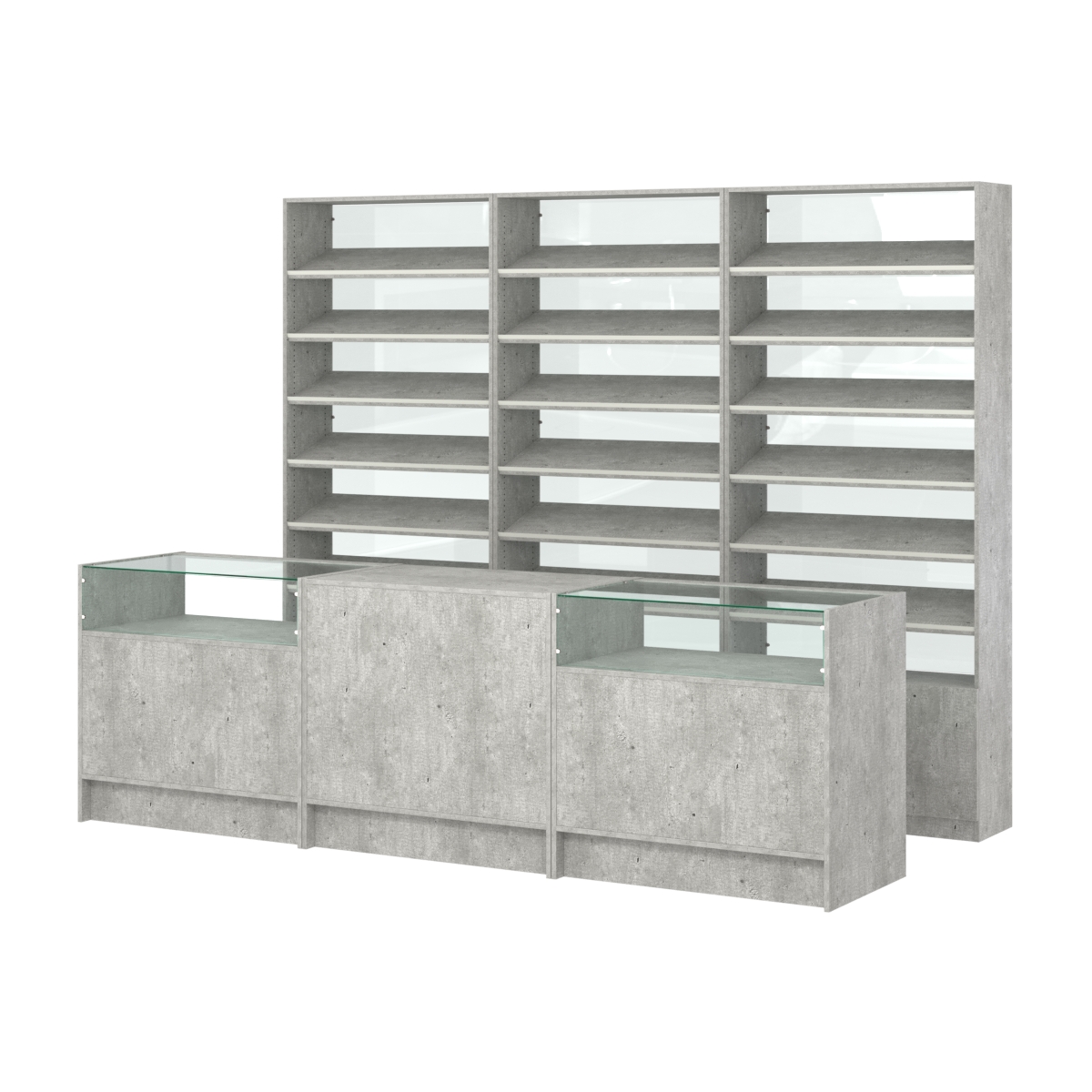 Комплект стеллажей с наклонными полками ДСП TI-6 №12-1 и прилавков ЭК-02 Метрополитан Грей