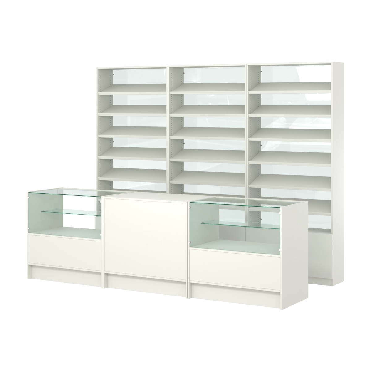 Комплект стеллажей с наклонными полками ДСП TI-6 №12-1 и прилавков ЭК-03 Белый