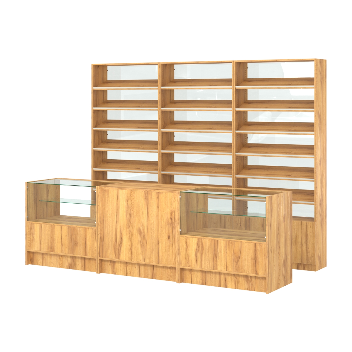 Комплект стеллажей с наклонными полками ДСП TI-6 №12-1 и прилавков ЭК-03 Дуб Золотистый