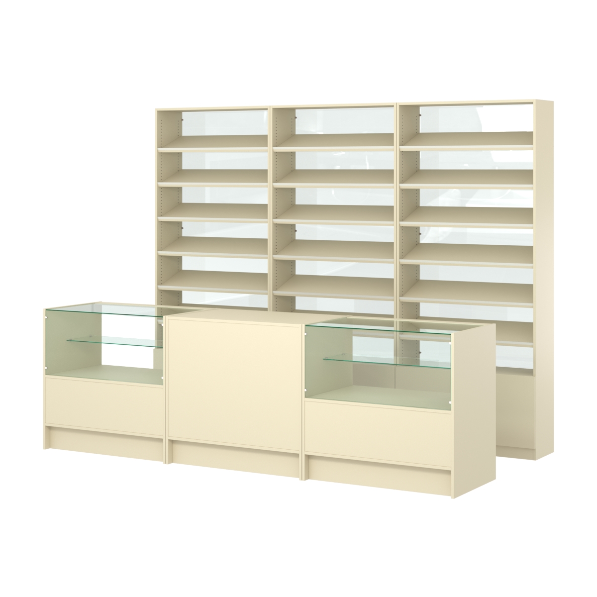 Комплект стеллажей с наклонными полками ДСП TI-6 №12-1 и прилавков ЭК-03 Крем Вайс