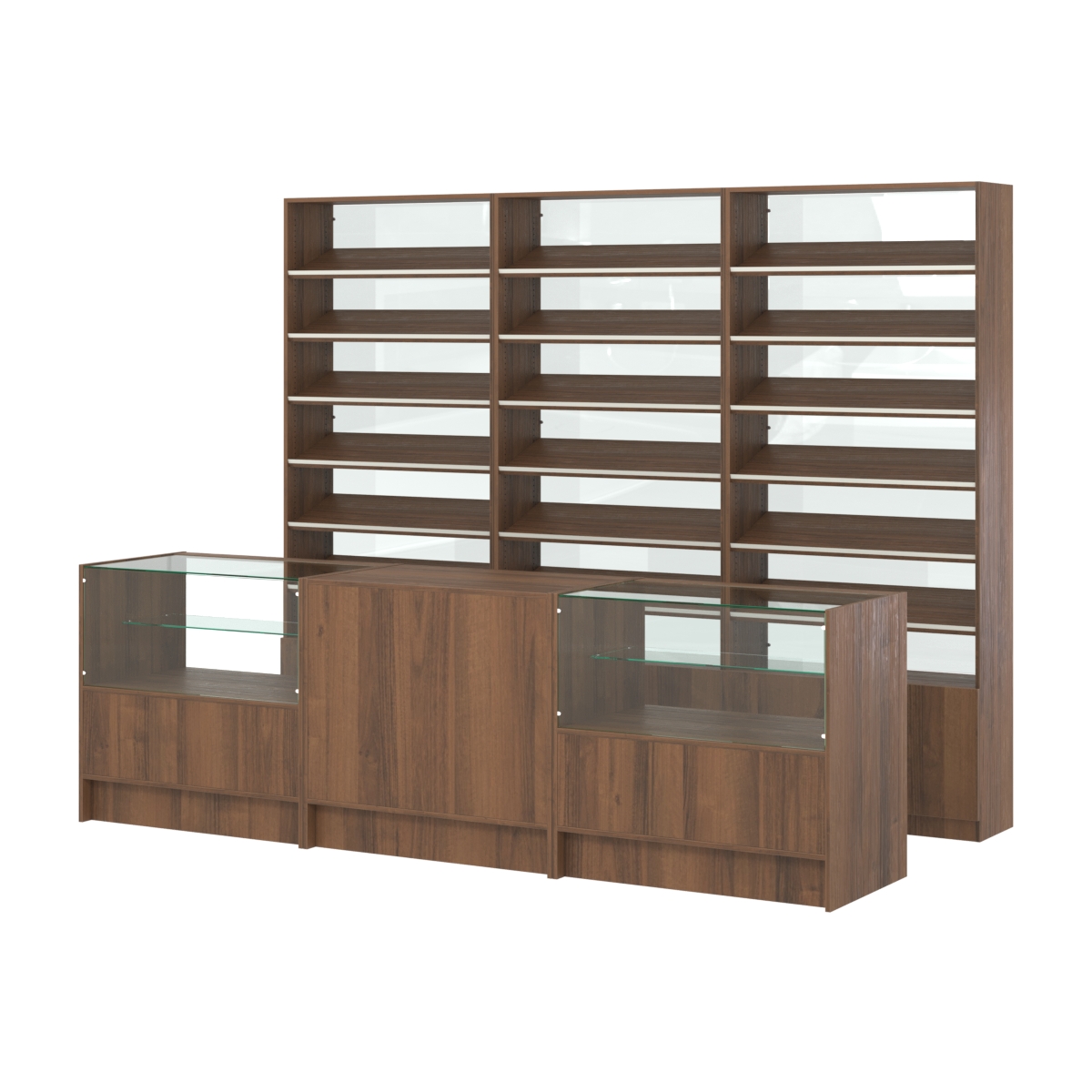 Комплект стеллажей с наклонными полками ДСП TI-6 №12-1 и прилавков ЭК-03 Орех