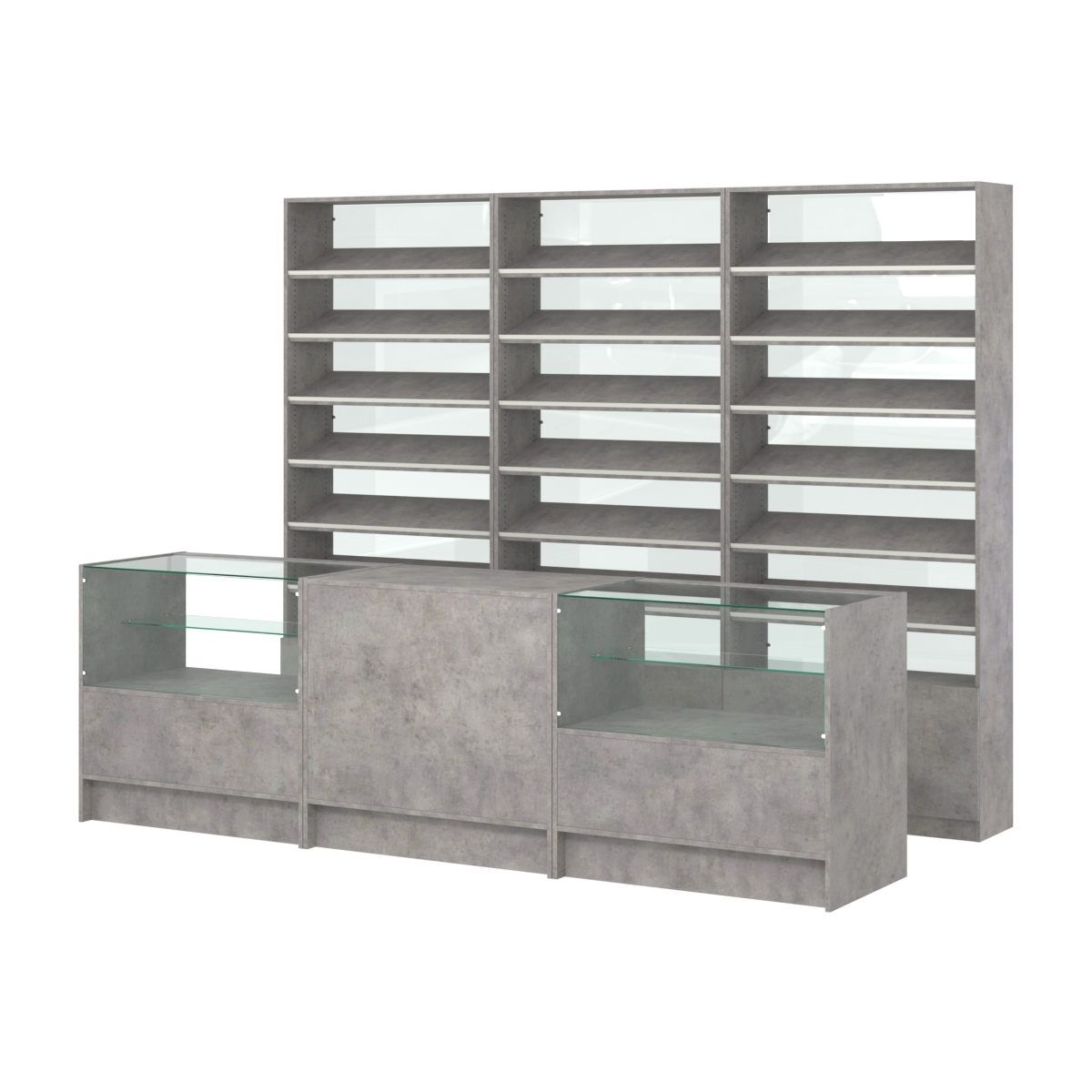 Комплект стеллажей с наклонными полками ДСП TI-6 №12-1 и прилавков ЭК-03 Бетон Чикаго светло-серый F186 ST9