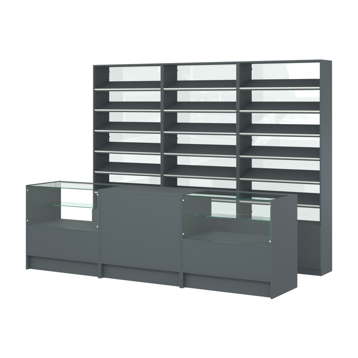 Комплект стеллажей с наклонными полками ДСП TI-6 №12-1 и прилавков ЭК-03 Темно-Серый