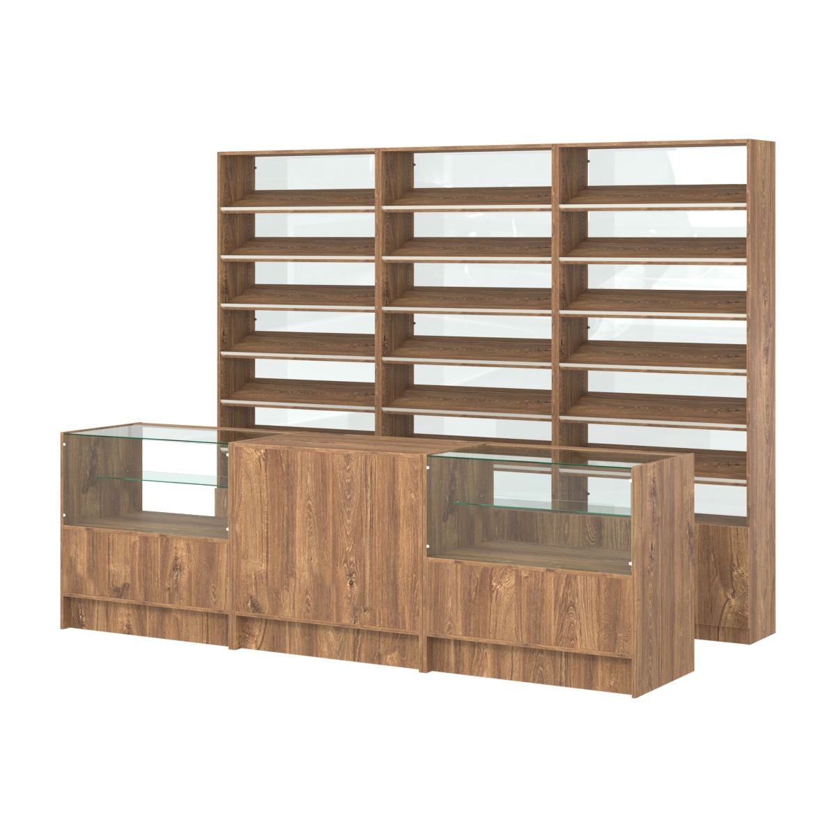 Комплект стеллажей с наклонными полками ДСП TI-6 №12-1 и прилавков ЭК-03 Дуб Канзас коричневый