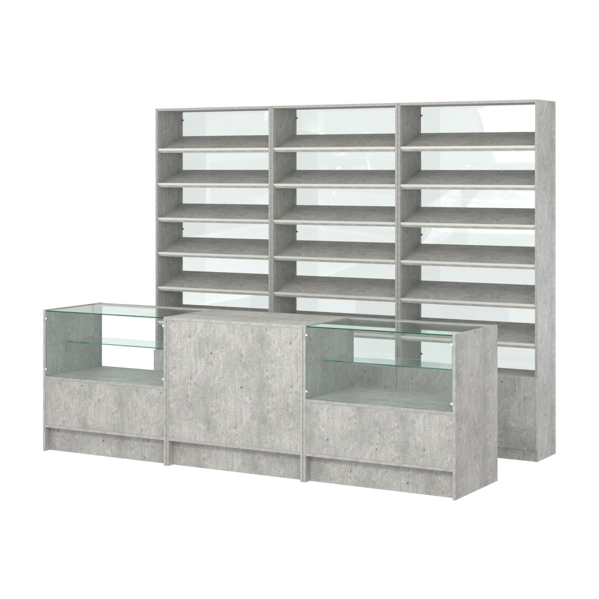 Комплект стеллажей с наклонными полками ДСП TI-6 №12-1 и прилавков ЭК-03 Метрополитан Грей