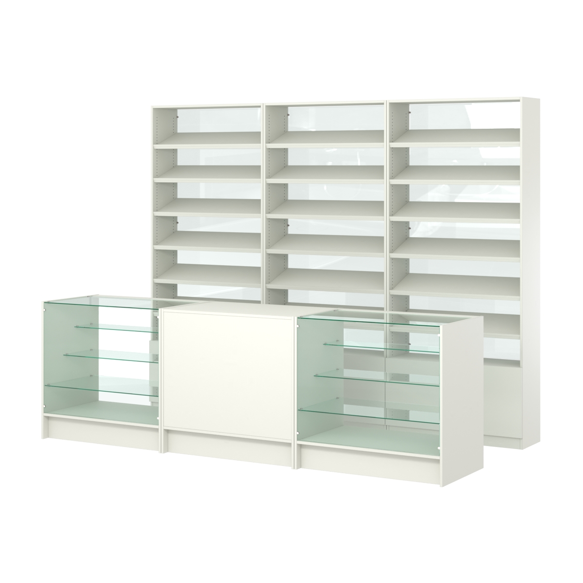 Комплект стеллажей с наклонными полками ДСП TI-6 №12-1 и прилавков ЭК-04 Белый