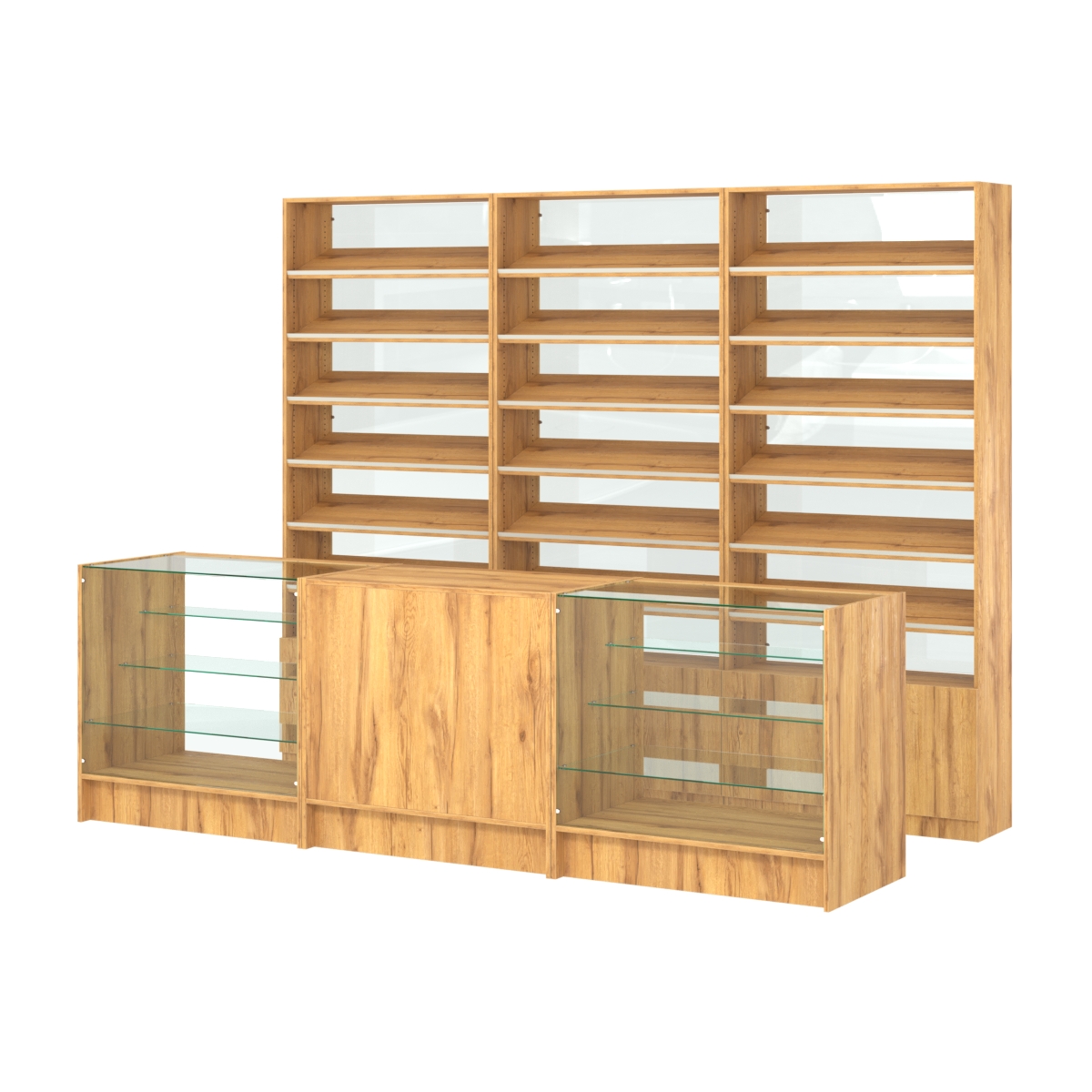 Комплект стеллажей с наклонными полками ДСП TI-6 №12-1 и прилавков ЭК-04 Дуб Золотистый