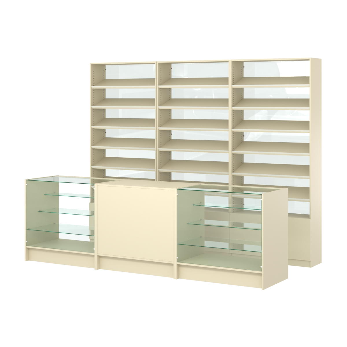 Комплект стеллажей с наклонными полками ДСП TI-6 №12-1 и прилавков ЭК-04 Крем Вайс