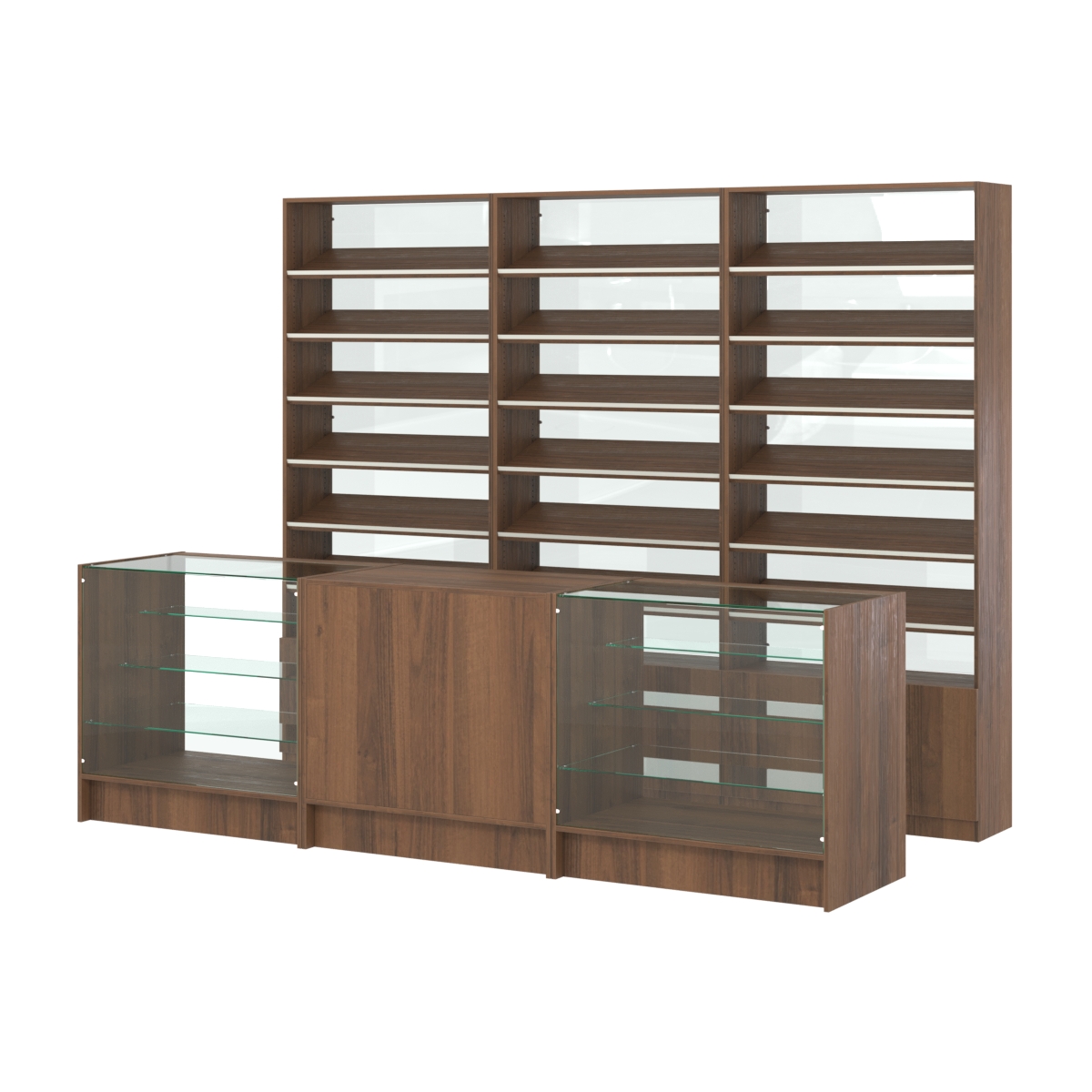 Комплект стеллажей с наклонными полками ДСП TI-6 №12-1 и прилавков ЭК-04 Орех