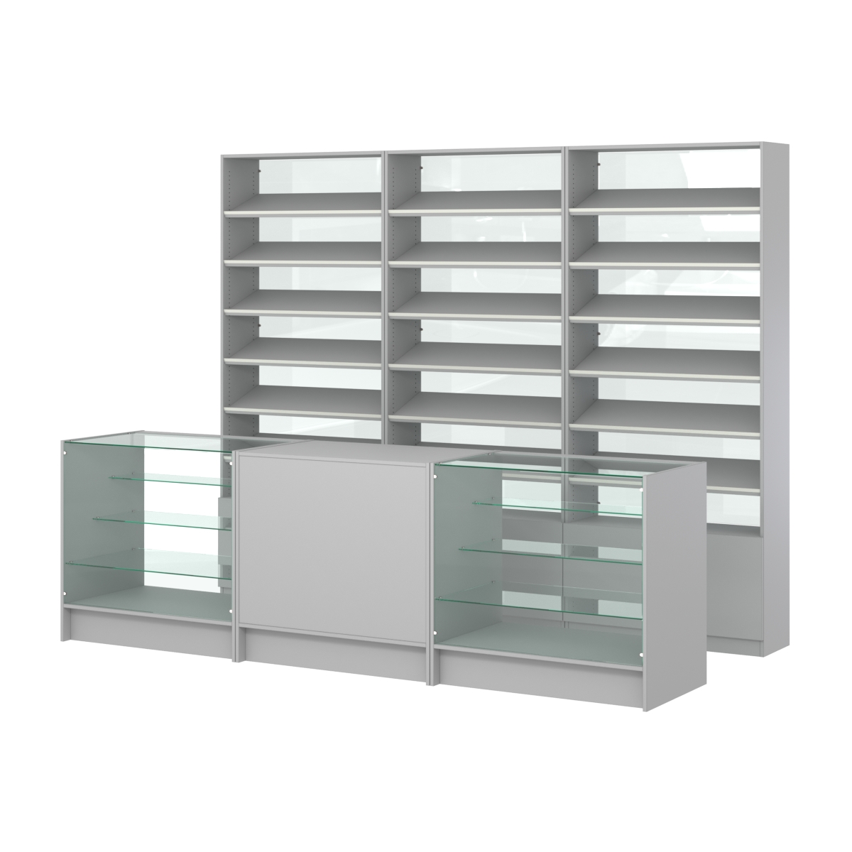 Комплект стеллажей с наклонными полками ДСП TI-6 №12-1 и прилавков ЭК-04 Серый