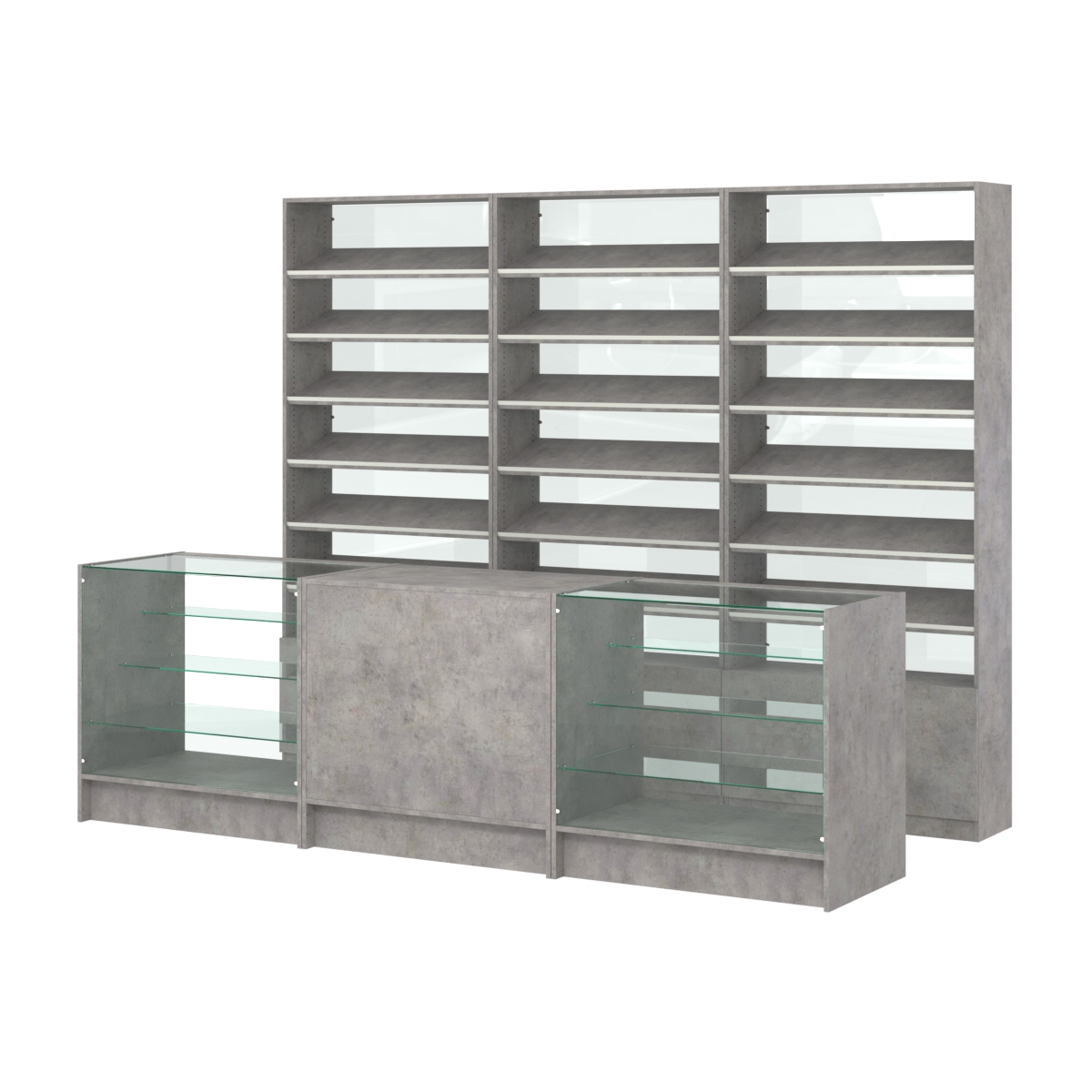 Комплект стеллажей с наклонными полками ДСП TI-6 №12-1 и прилавков ЭК-04 Бетон Чикаго светло-серый F186 ST9