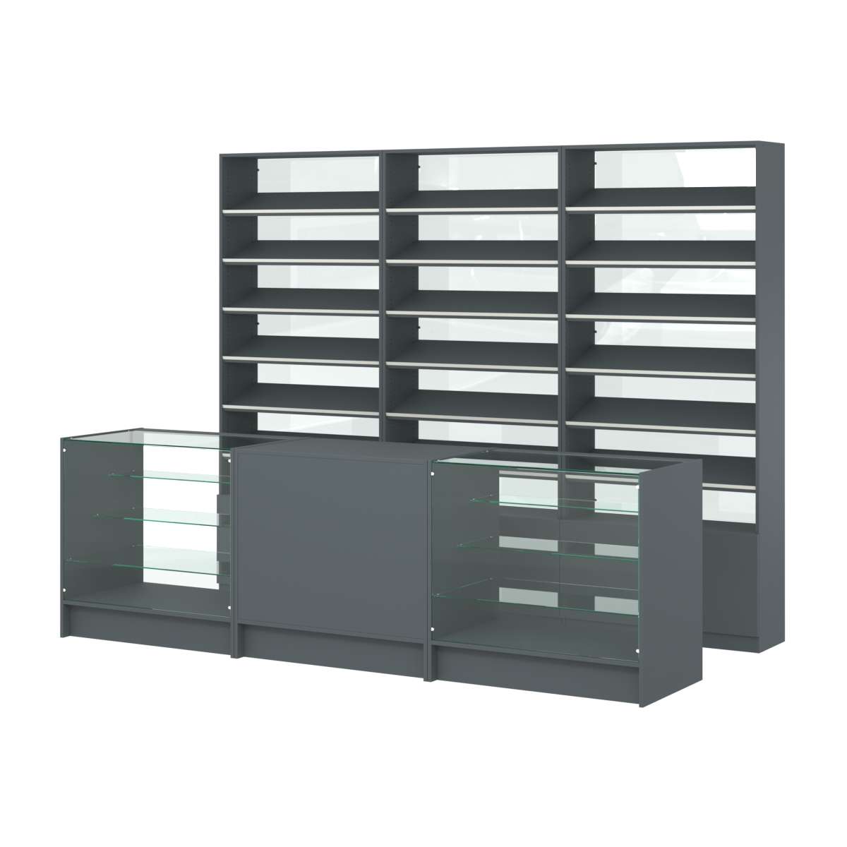 Комплект стеллажей с наклонными полками ДСП TI-6 №12-1 и прилавков ЭК-04 Темно-Серый