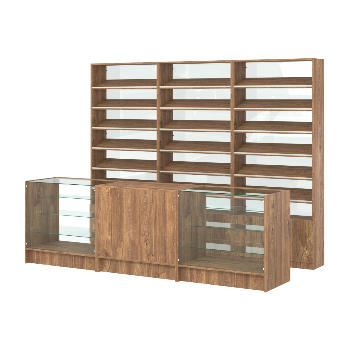 Комплект стеллажей с наклонными полками ДСП TI-6 №12-1 и прилавков ЭК-04 Дуб Канзас коричневый