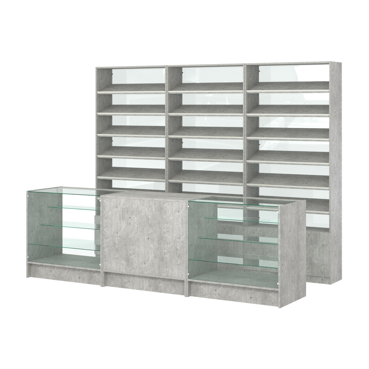 Комплект стеллажей с наклонными полками ДСП TI-6 №12-1 и прилавков ЭК-04 Метрополитан Грей