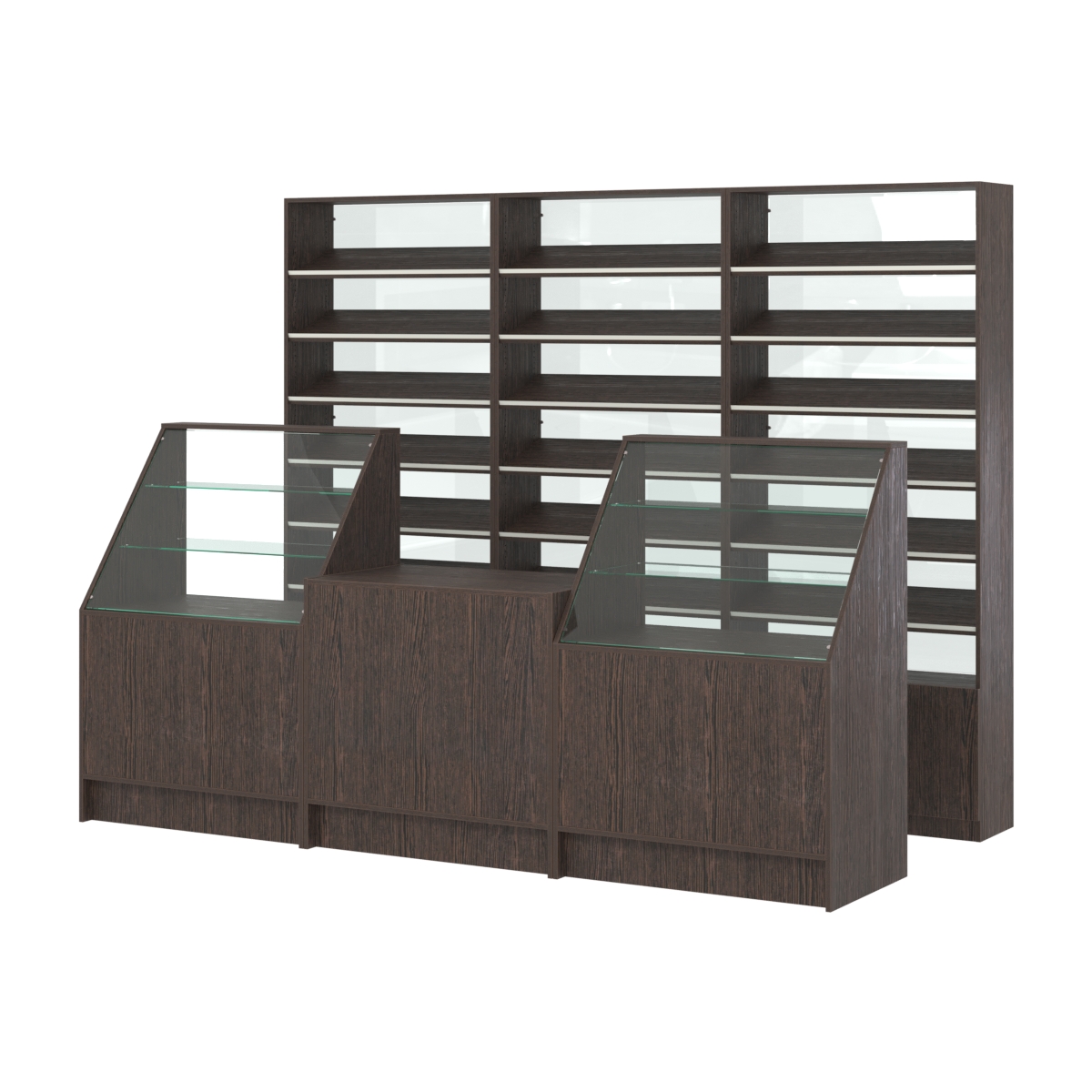 Комплект стеллажей с наклонными полками ДСП TI-6 №12-1 и прилавков ЭК-07 Дуб Венге