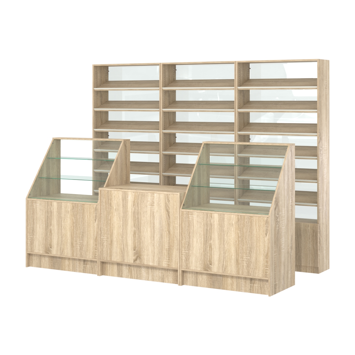 Комплект стеллажей с наклонными полками ДСП TI-6 №12-1 и прилавков ЭК-07 Дуб сонома