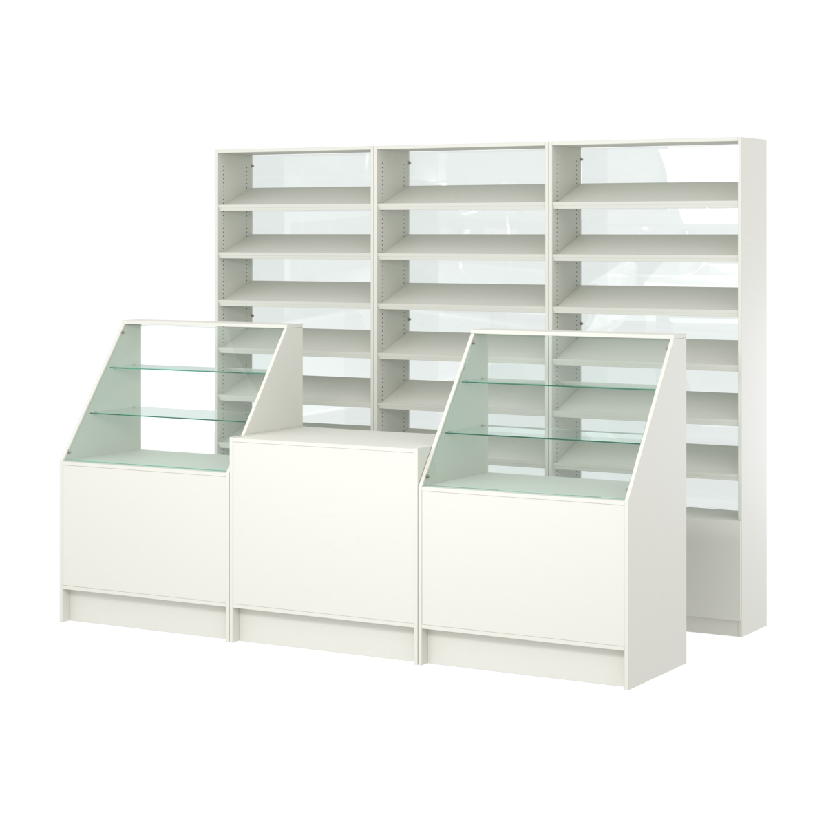 Комплект стеллажей с наклонными полками ДСП TI-6 №12-1 и прилавков ЭК-07 Белый