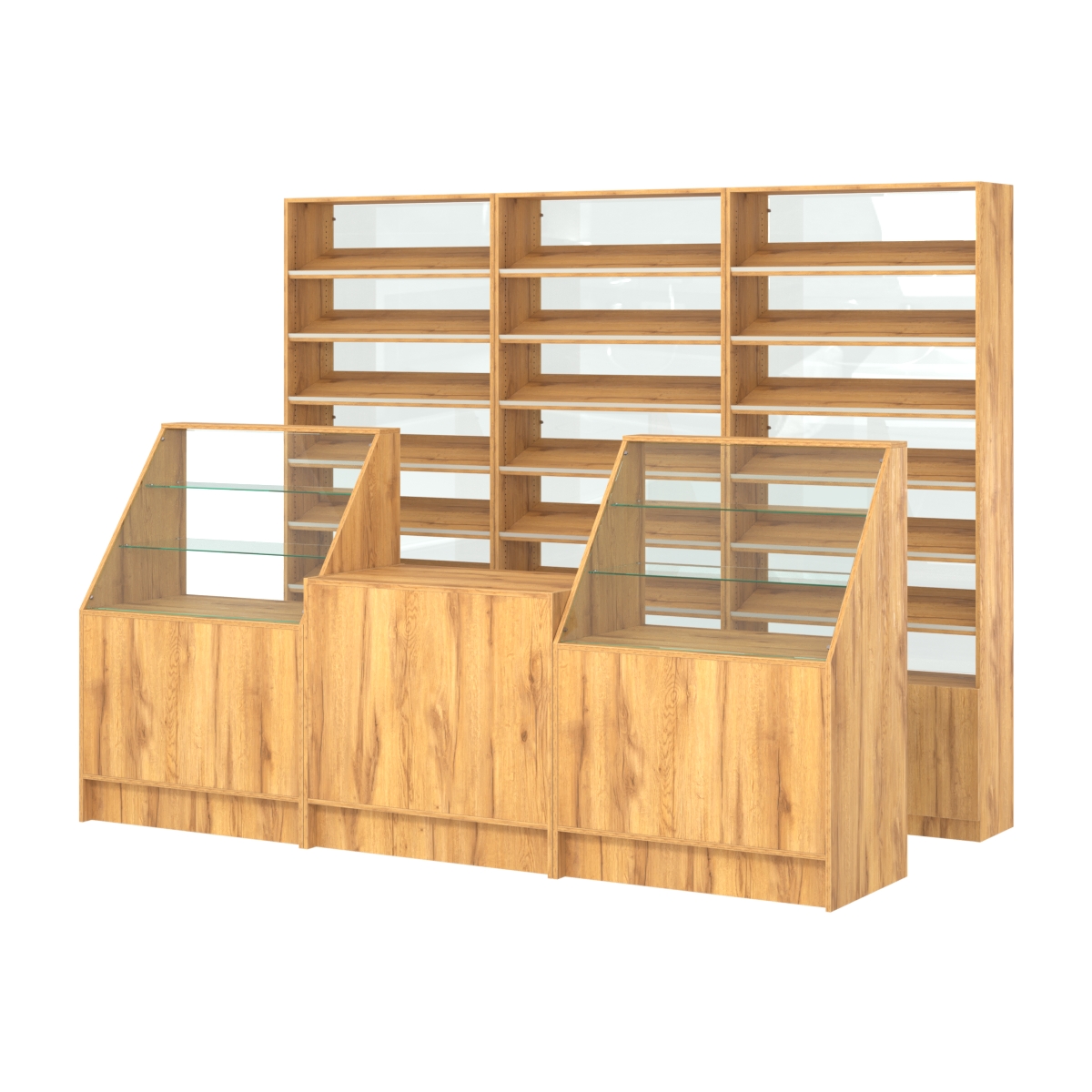 Комплект стеллажей с наклонными полками ДСП TI-6 №12-1 и прилавков ЭК-07 Дуб Золотистый