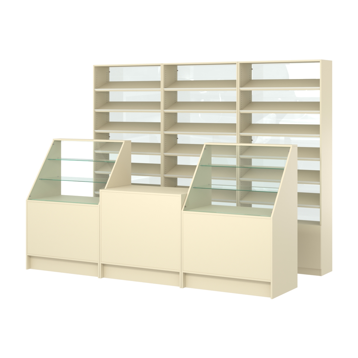 Комплект стеллажей с наклонными полками ДСП TI-6 №12-1 и прилавков ЭК-07 Крем Вайс