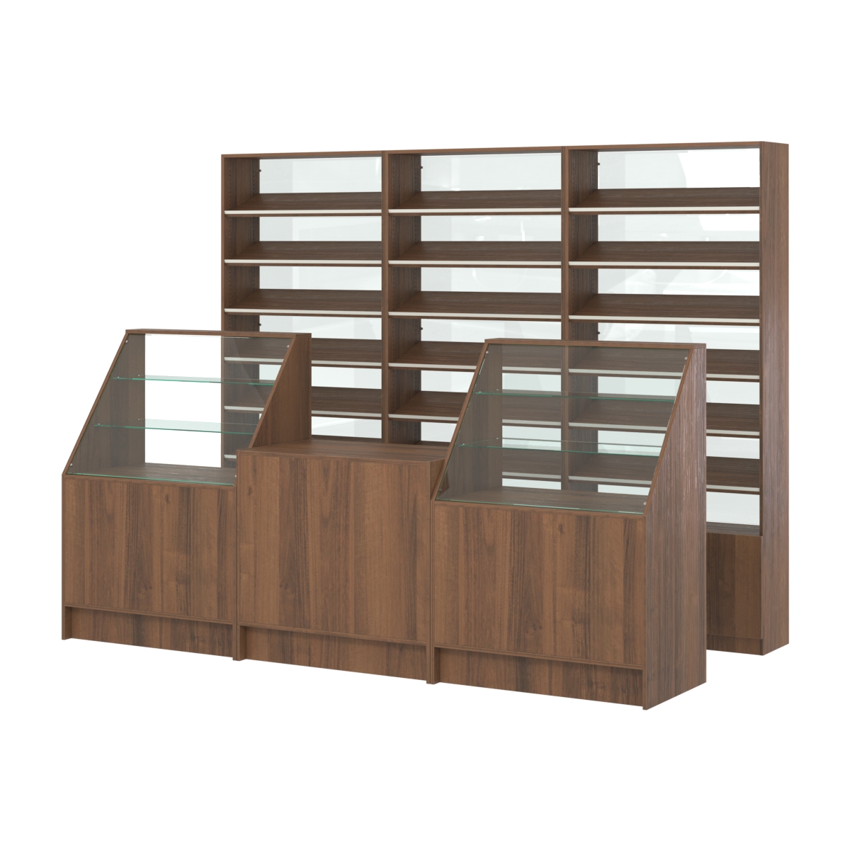 Комплект стеллажей с наклонными полками ДСП TI-6 №12-1 и прилавков ЭК-07 Орех