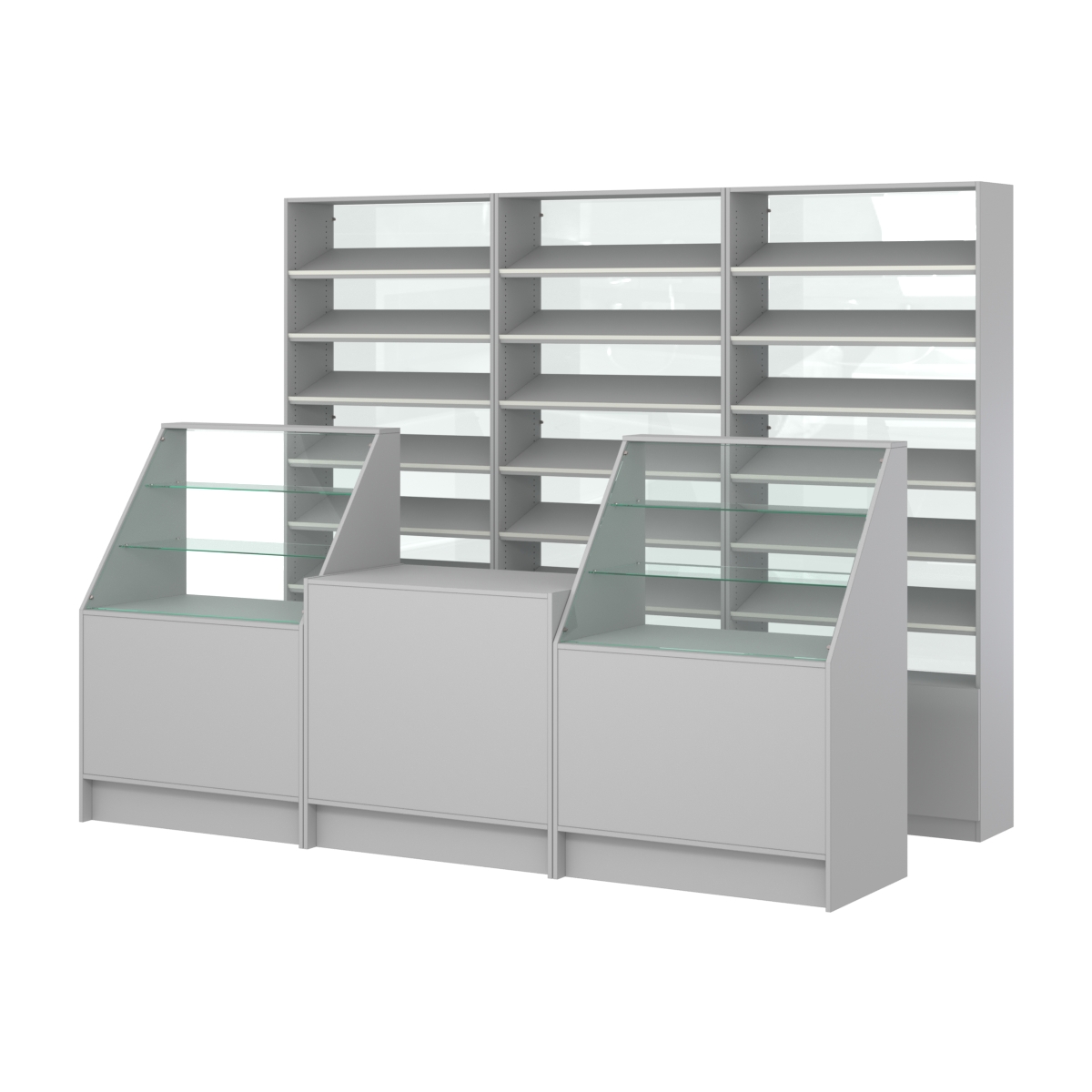 Комплект стеллажей с наклонными полками ДСП TI-6 №12-1 и прилавков ЭК-07 Серый