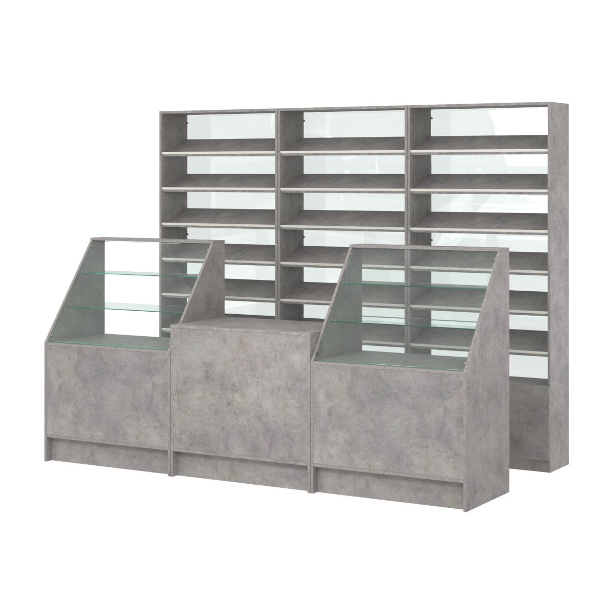 Комплект стеллажей с наклонными полками ДСП TI-6 №12-1 и прилавков ЭК-07 Бетон Чикаго светло-серый F186 ST9