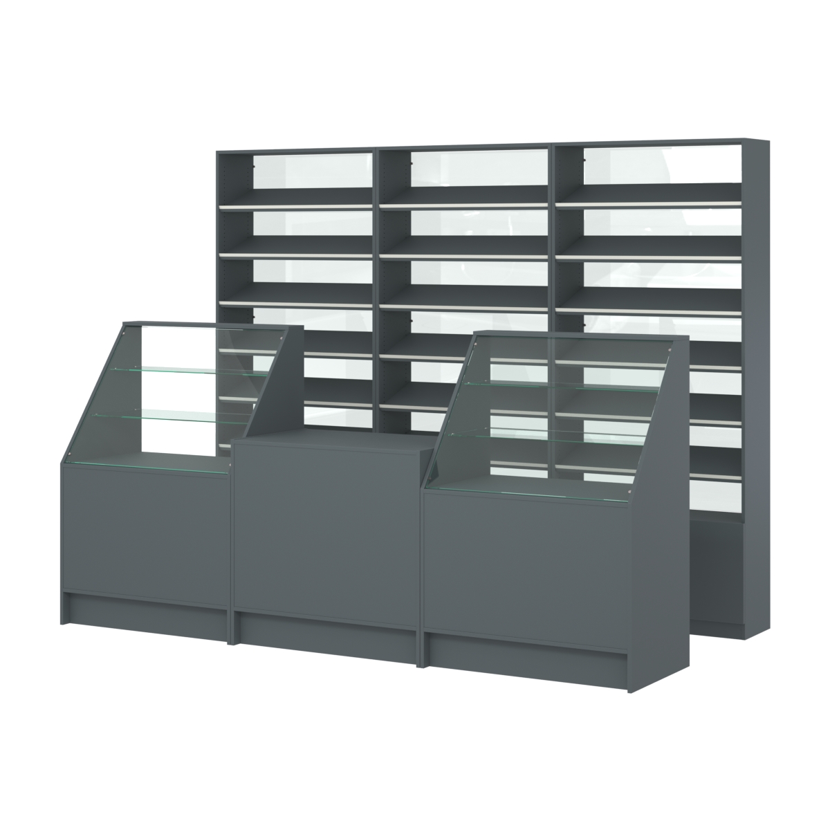 Комплект стеллажей с наклонными полками ДСП TI-6 №12-1 и прилавков ЭК-07 Темно-Серый