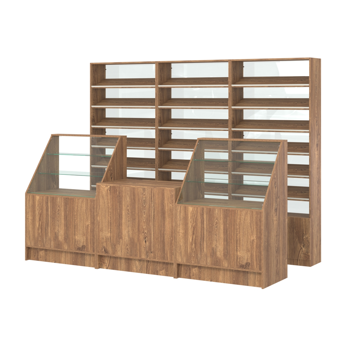 Комплект стеллажей с наклонными полками ДСП TI-6 №12-1 и прилавков ЭК-07 Дуб Канзас коричневый