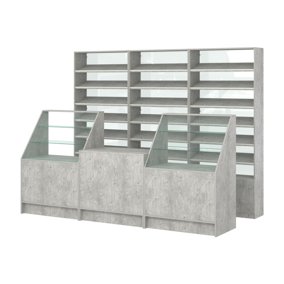 Комплект стеллажей с наклонными полками ДСП TI-6 №12-1 и прилавков ЭК-07 Метрополитан Грей