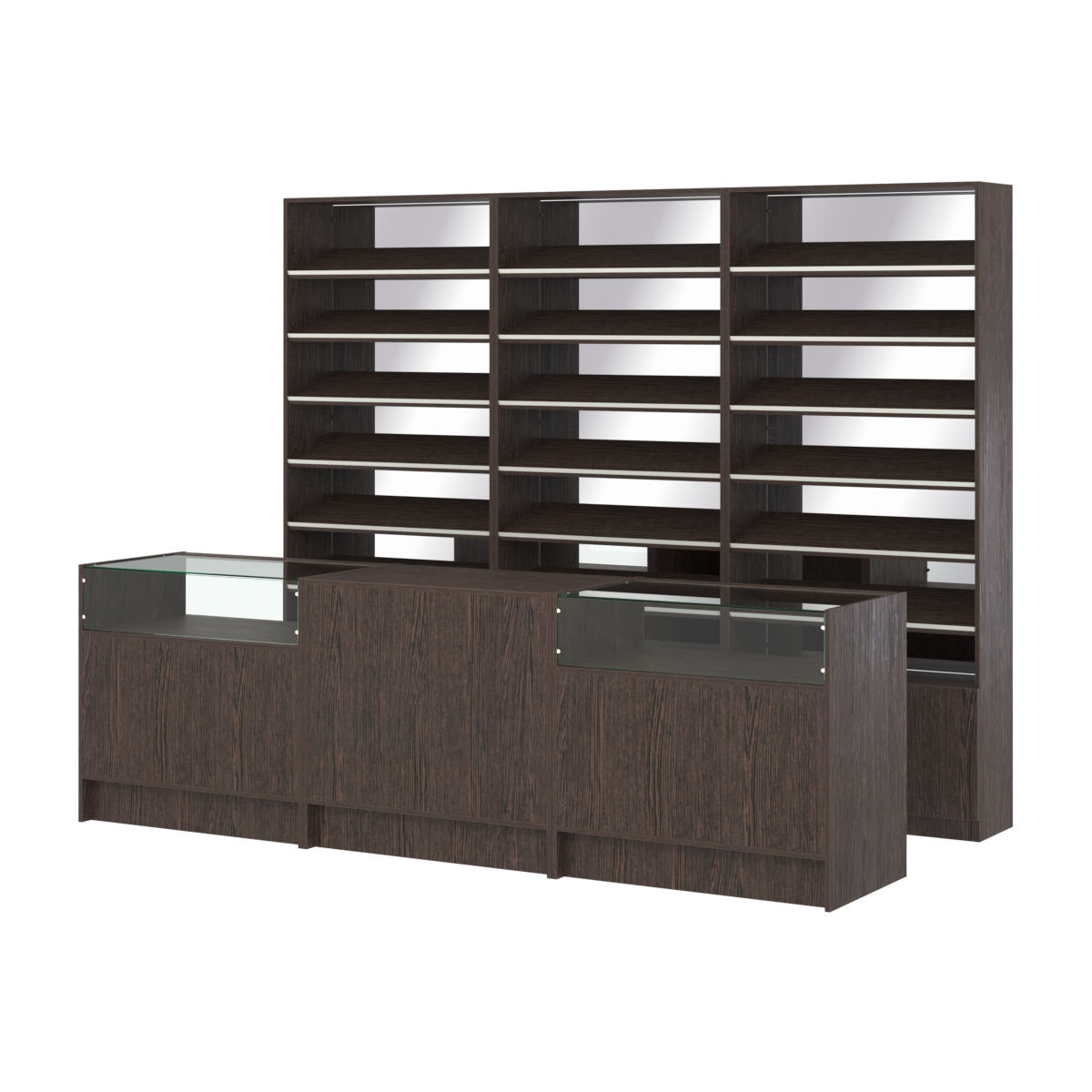 Комплект стеллажей с наклонными полками ДСП TI-6 №12-2 и прилавков ЭК-02 Дуб Венге