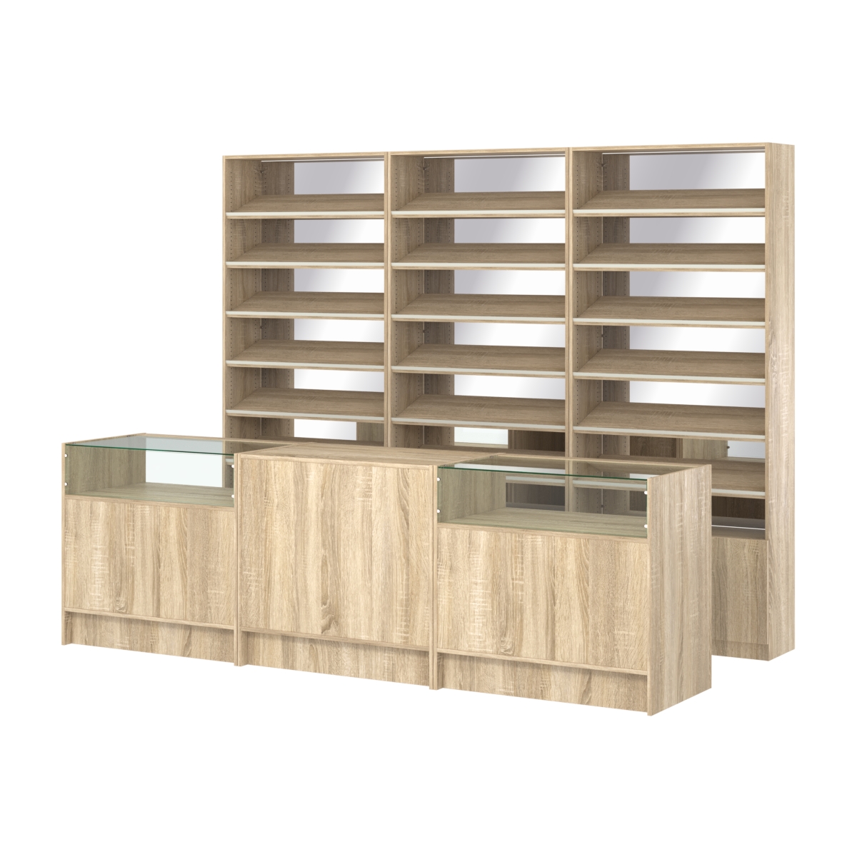 Комплект стеллажей с наклонными полками ДСП TI-6 №12-2 и прилавков ЭК-02 Дуб сонома