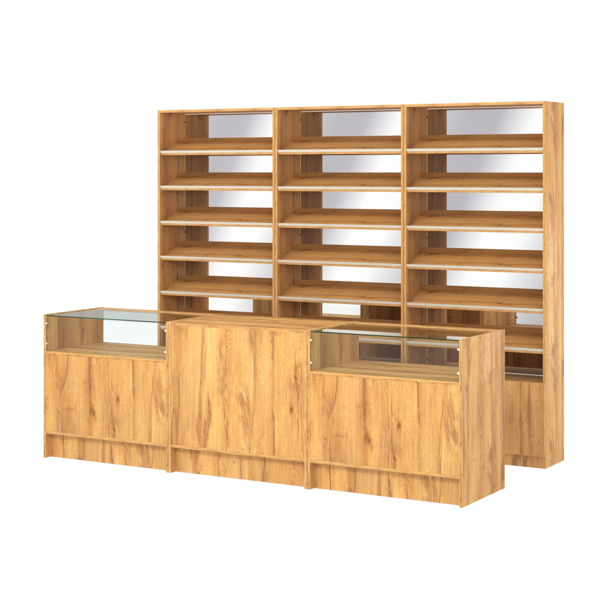 Комплект стеллажей с наклонными полками ДСП TI-6 №12-2 и прилавков ЭК-02 Дуб Золотистый