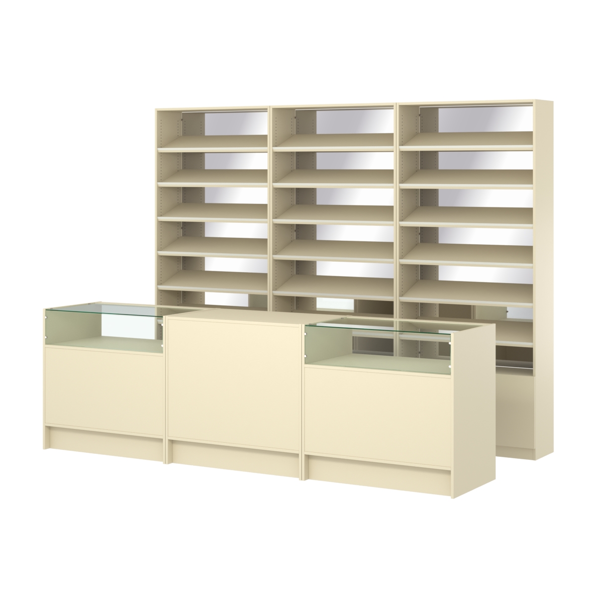 Комплект стеллажей с наклонными полками ДСП TI-6 №12-2 и прилавков ЭК-02 Крем Вайс