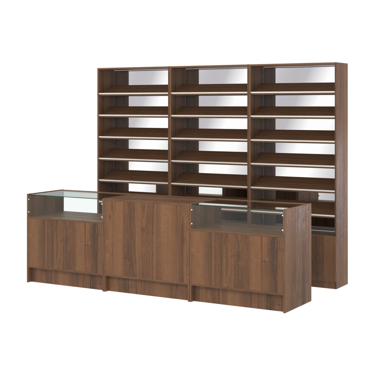 Комплект стеллажей с наклонными полками ДСП TI-6 №12-2 и прилавков ЭК-02 Орех