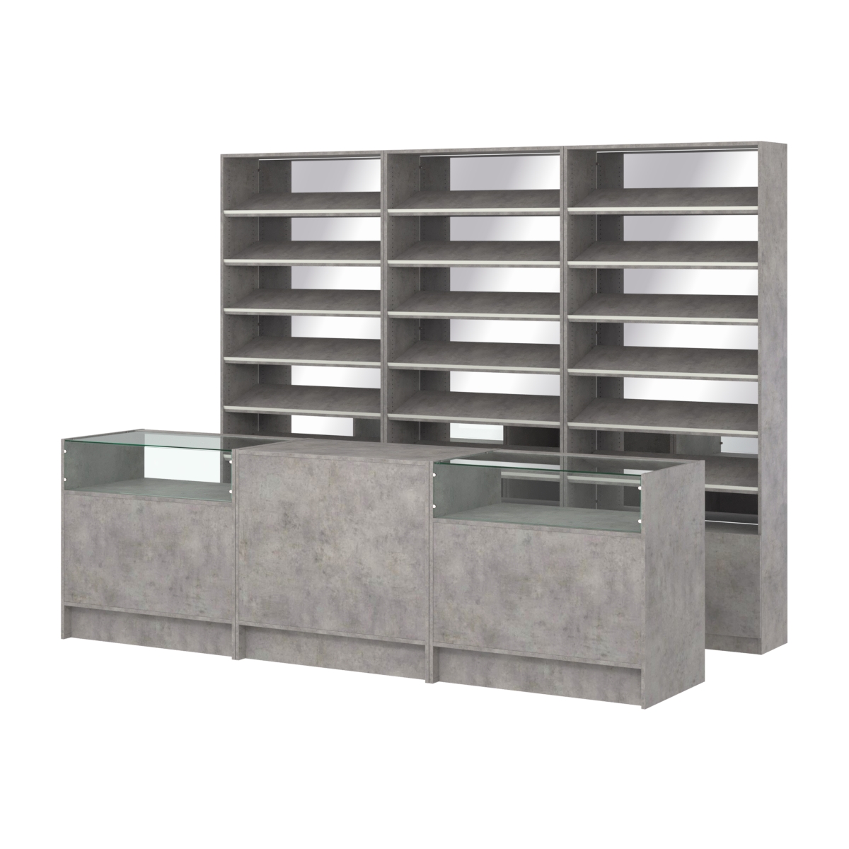 Комплект стеллажей с наклонными полками ДСП TI-6 №12-2 и прилавков ЭК-02 Бетон Чикаго светло-серый F186 ST9