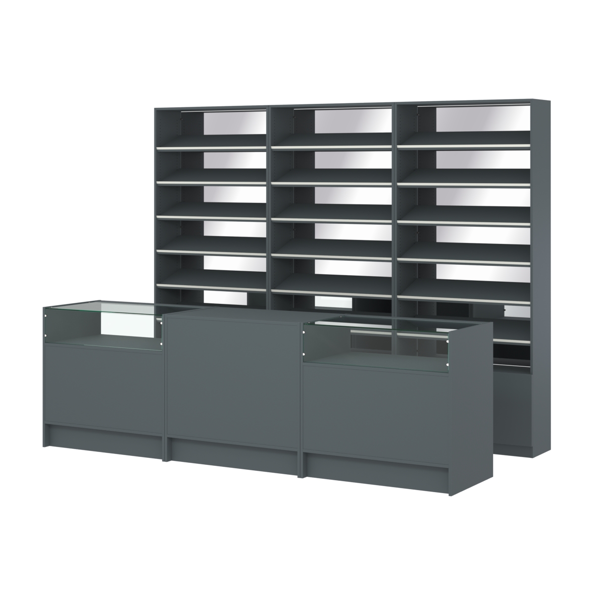 Комплект стеллажей с наклонными полками ДСП TI-6 №12-2 и прилавков ЭК-02 Темно-Серый