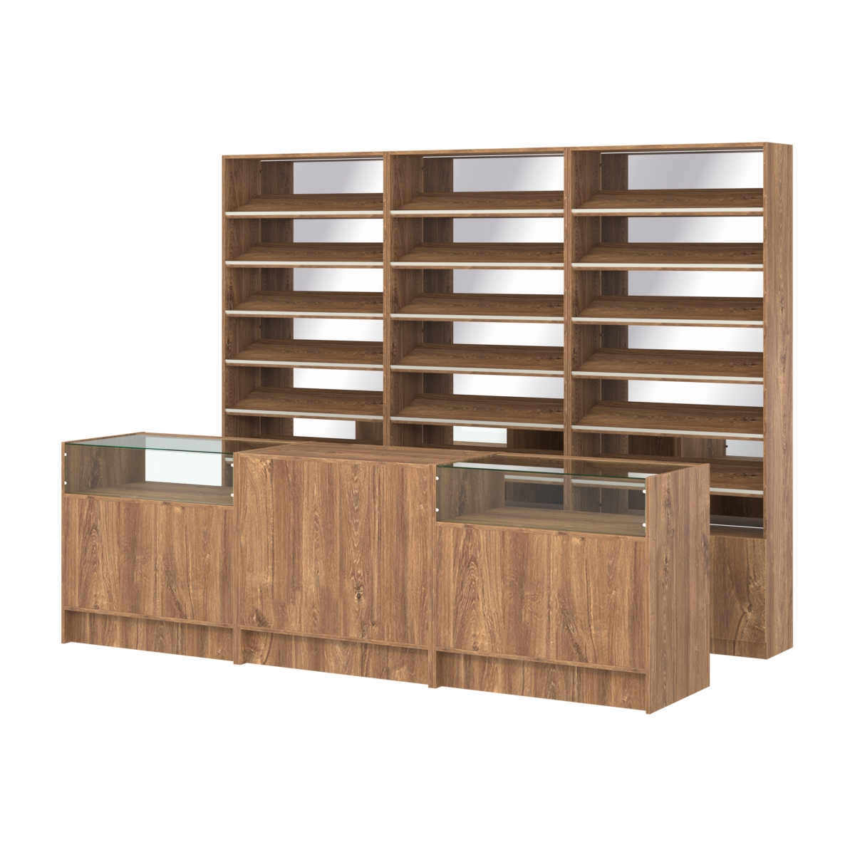 Комплект стеллажей с наклонными полками ДСП TI-6 №12-2 и прилавков ЭК-02 Дуб Канзас коричневый