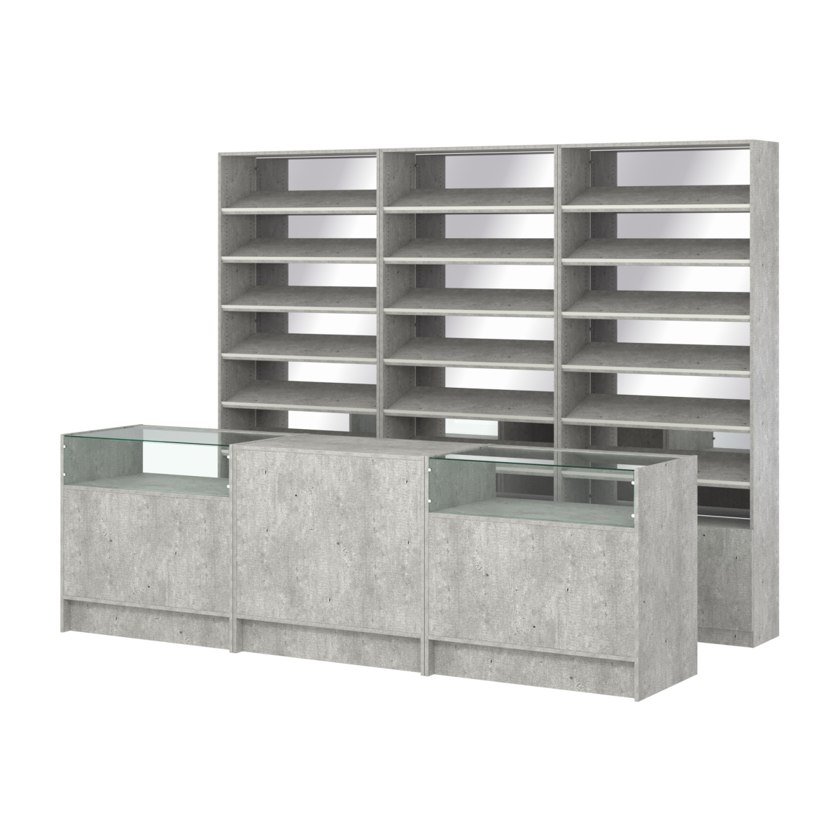 Комплект стеллажей с наклонными полками ДСП TI-6 №12-2 и прилавков ЭК-02 Метрополитан Грей