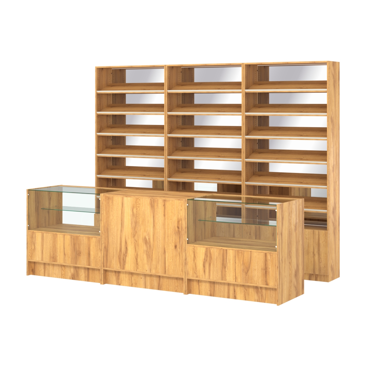 Комплект стеллажей с наклонными полками ДСП TI-6 №12-2 и прилавков ЭК-03 Дуб Золотистый